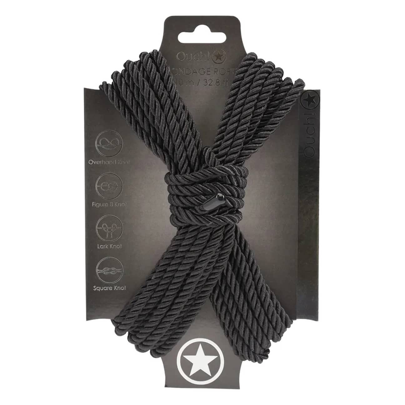 Ouch! black polyester bondage rope 10m coiled on a white background