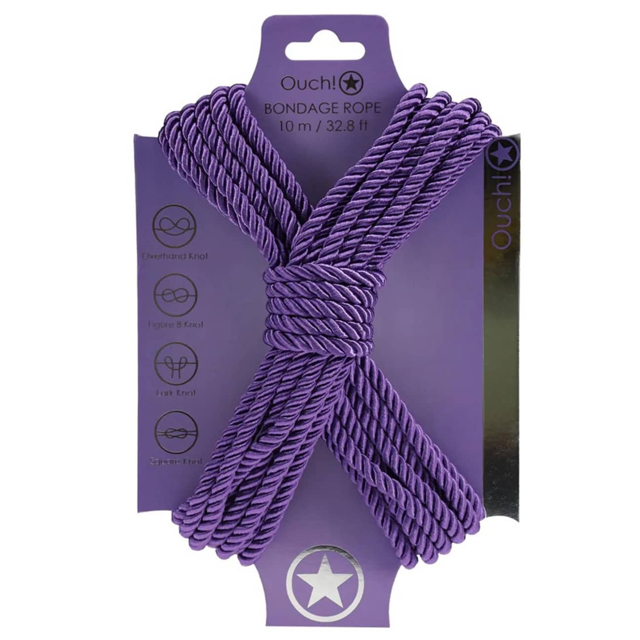Ouch! purple polyester bondage rope 10m coiled on white background