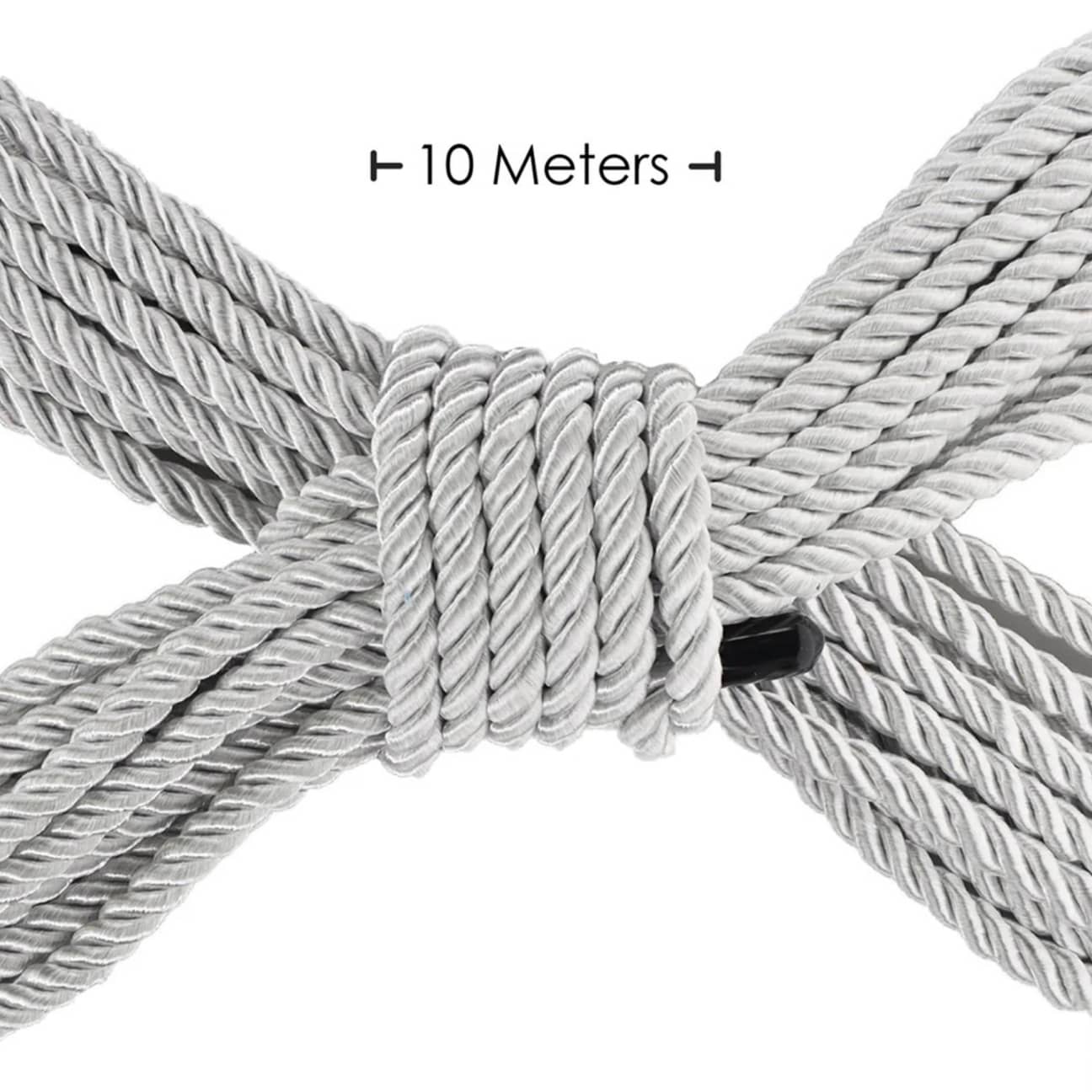 Close-up of the silver metallic braid texture on the Ouch! bondage rope