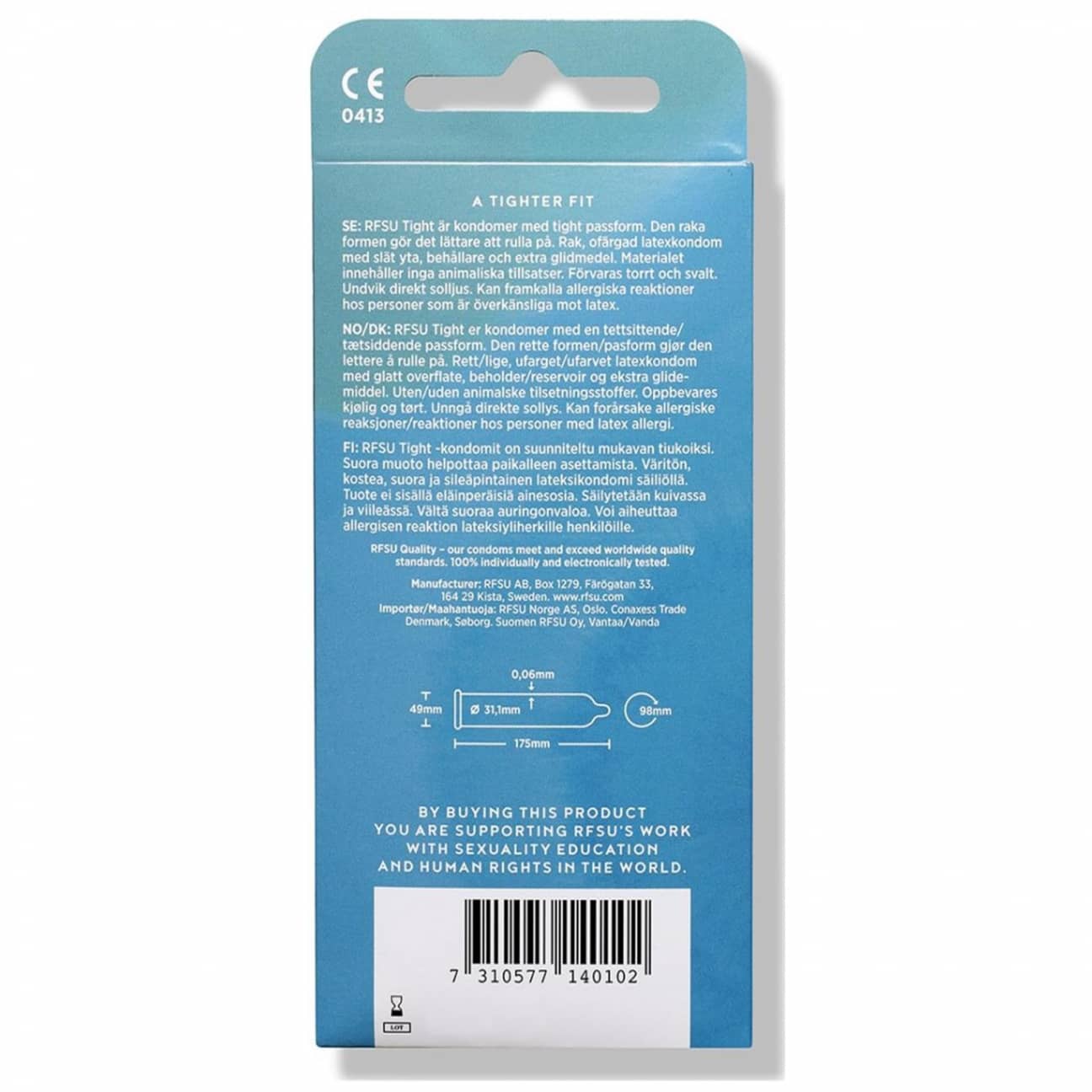 RFSU Tight Slim Fit condom packaging side view